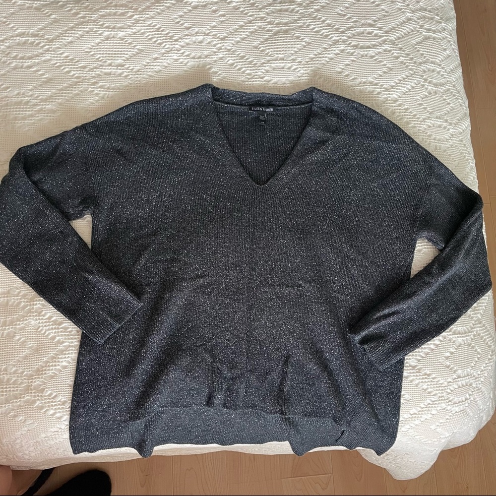 Eileen Fisher Charcoal Metallic Thread Step Hem Sweater